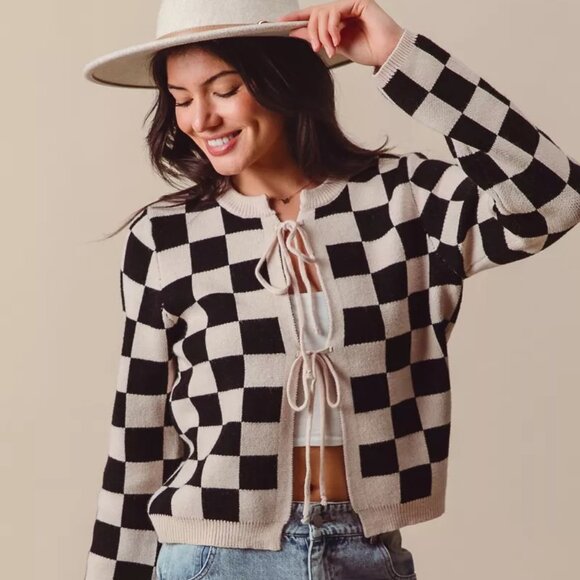 SO ME Tie Front Checkered Knitted Round Neck Cardigan - Picture 1 of 13